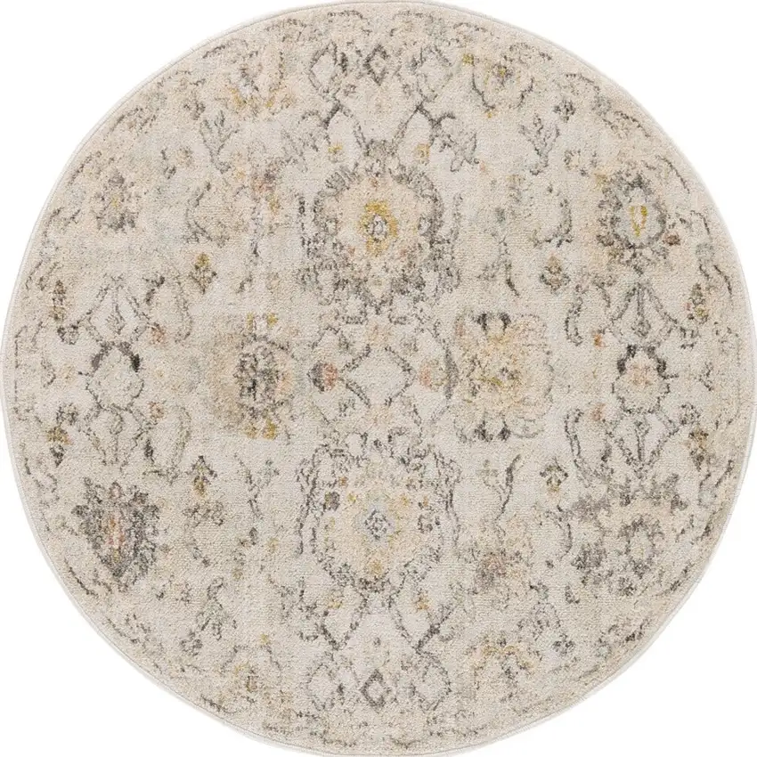 8' Gray Ivory And Yellow Floral Distressed Round Rug Photo 2