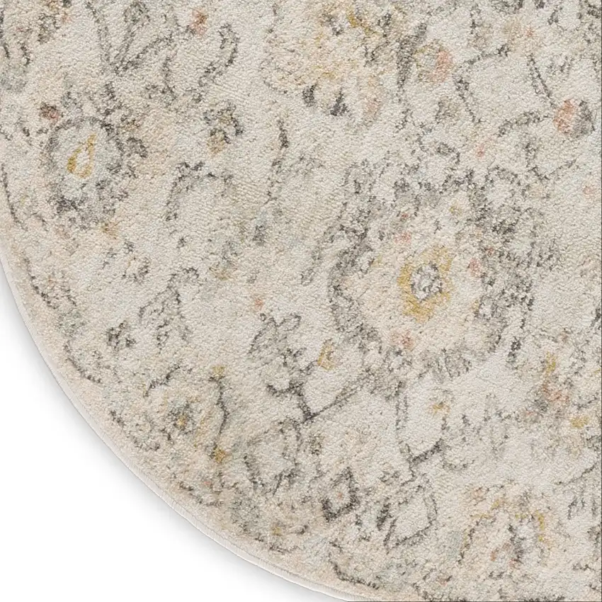 8' Gray Ivory And Yellow Floral Distressed Round Rug Photo 9