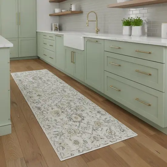 8' Gray Ivory And Yellow Floral Distressed Runner Rug Photo 1