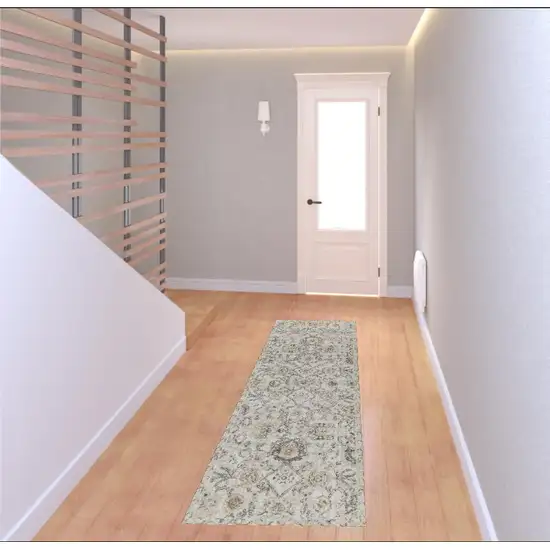 8' Gray Ivory And Yellow Floral Distressed Runner Rug Photo 1