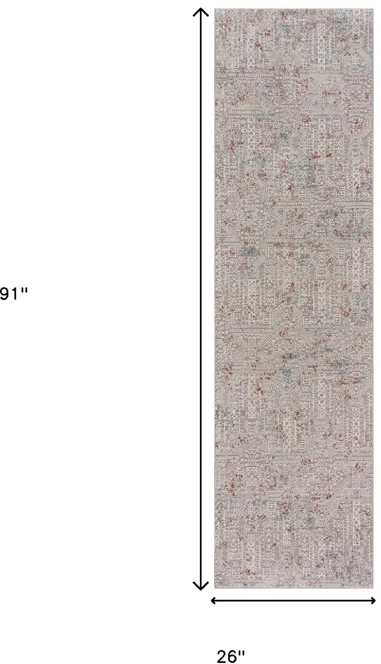 8' Gray Ivory Slate Blue And Wine Red Geometric Distressed Runner Rug Photo 5