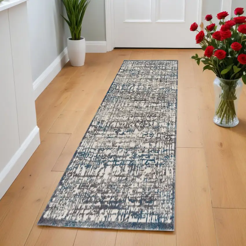 8' Gray Ivory and Blue Abstract Power Loom Runner Rug Photo 1