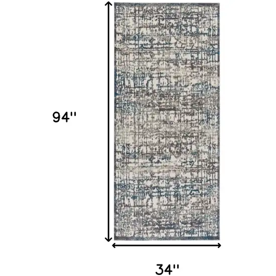 8' Gray Ivory and Blue Abstract Power Loom Runner Rug Photo 3