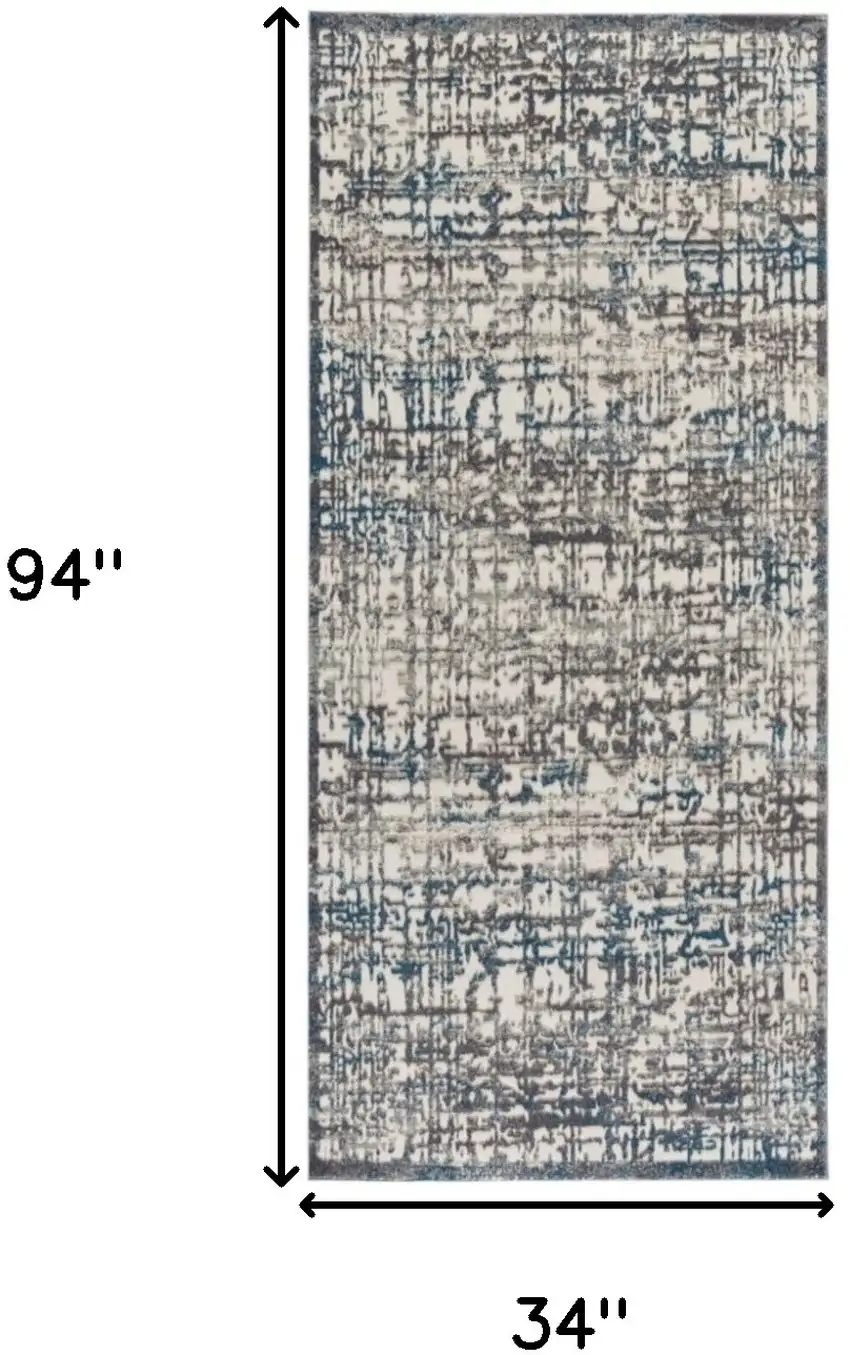 8' Gray Ivory and Blue Abstract Power Loom Runner Rug Photo 3
