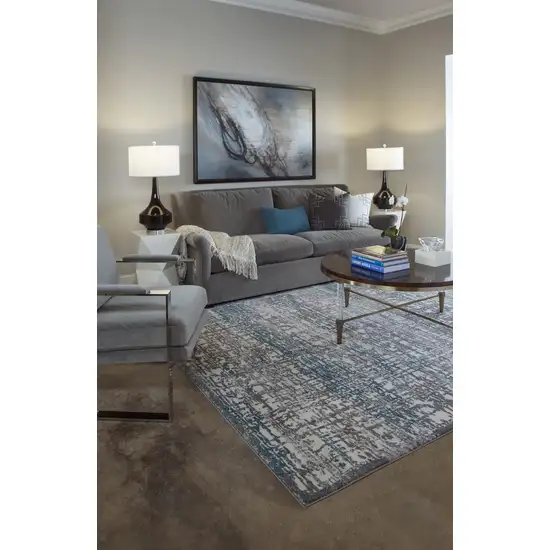 8' Gray Ivory and Blue Abstract Power Loom Runner Rug Photo 5