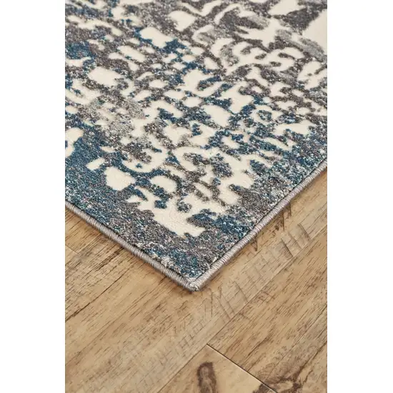 8' Gray Ivory and Blue Abstract Power Loom Runner Rug Photo 4