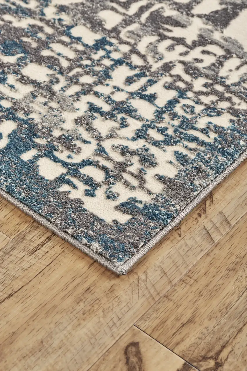 8' Gray Ivory and Blue Abstract Power Loom Runner Rug Photo 4