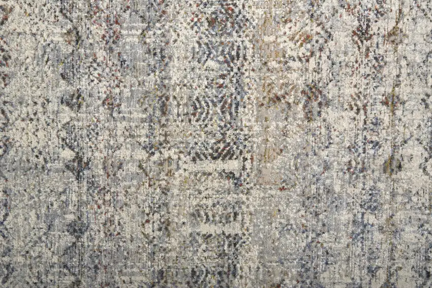 10' Gray Ivory and Blue Abstract Power Loom Worn Faded Runner Rug With Fringe Photo 7