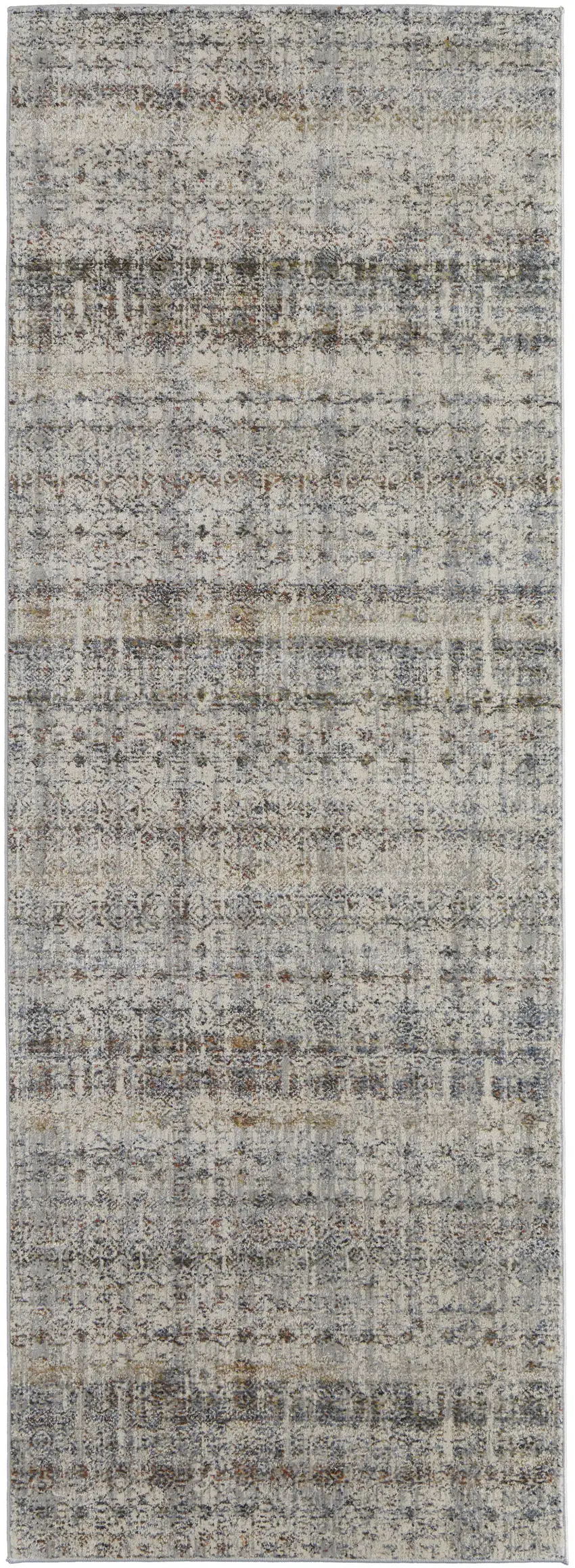 10' Gray Ivory and Blue Abstract Power Loom Worn Faded Runner Rug With Fringe Photo 2