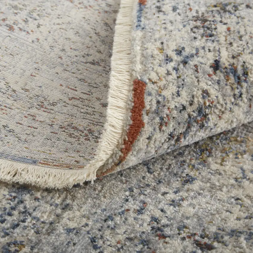 10' Gray Ivory and Blue Abstract Power Loom Worn Faded Runner Rug With Fringe Photo 8