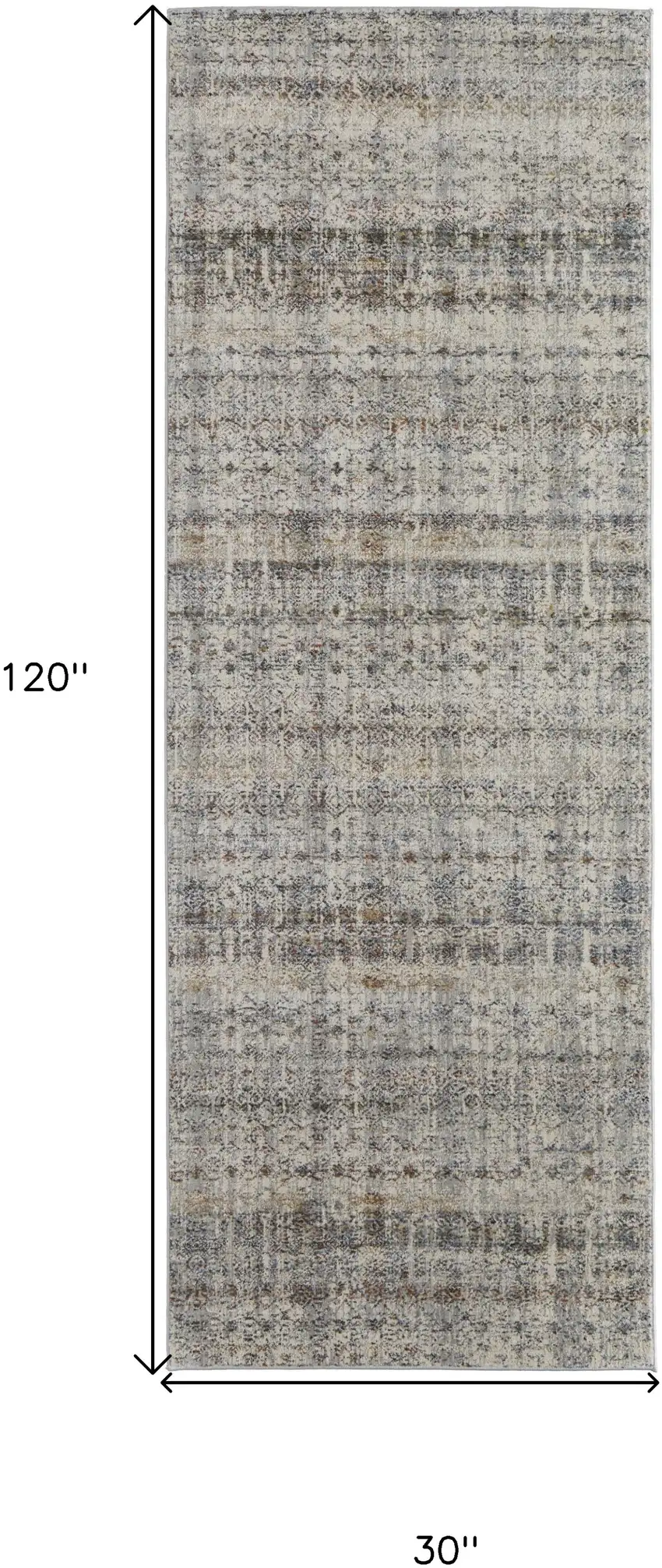 10' Gray Ivory and Blue Abstract Power Loom Worn Faded Runner Rug With Fringe Photo 3