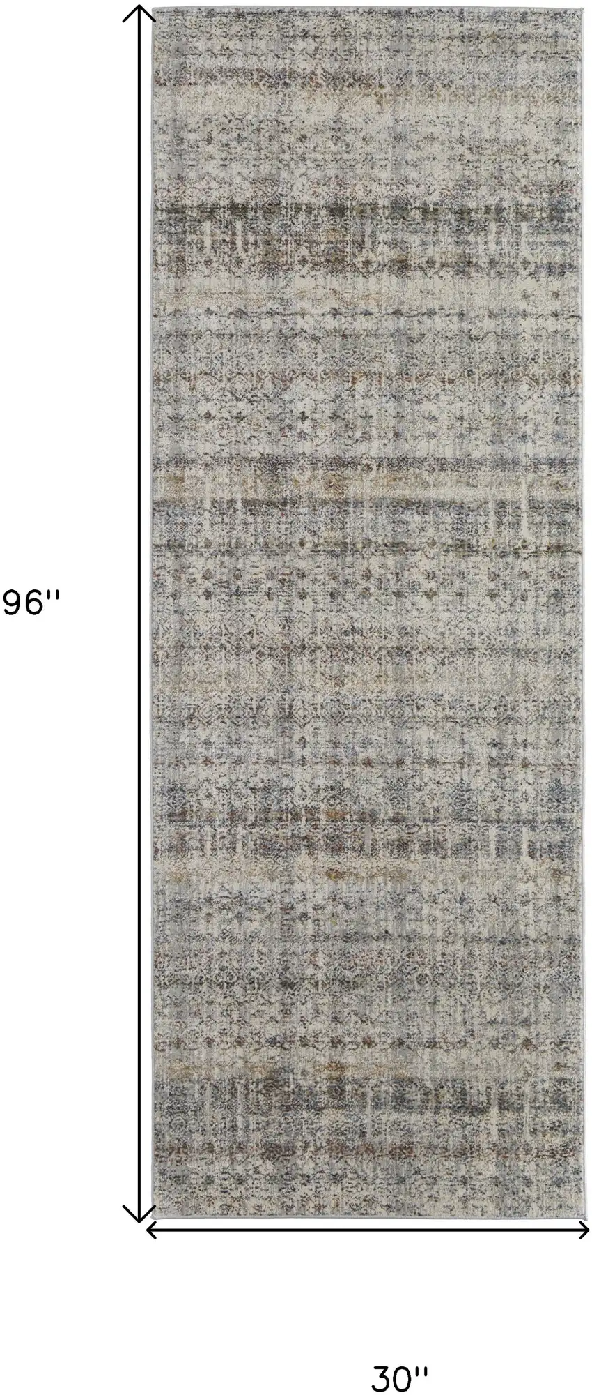 8' Gray Ivory and Blue Abstract Power Loom Worn Faded Runner Rug With Fringe Photo 3