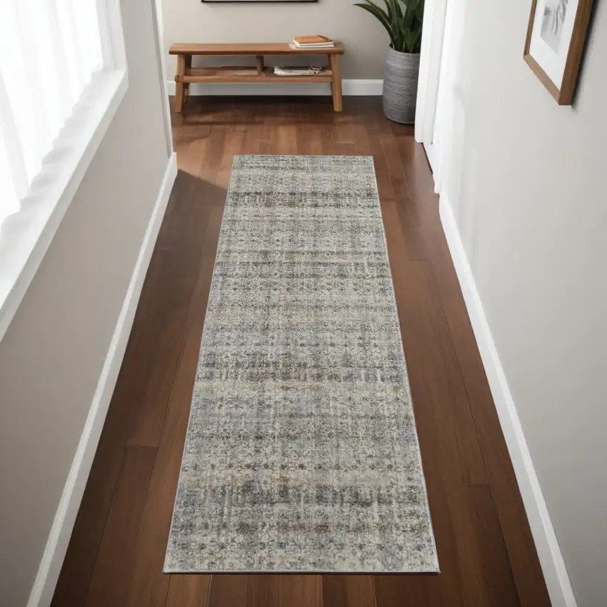 8' Gray Ivory and Blue Abstract Power Loom Worn Faded Runner Rug With Fringe Photo 1