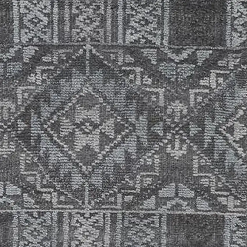 10' Gray Ivory and Blue Geometric Hand Knotted Runner Rug With Fringe Photo 5