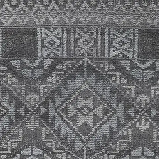 10' Gray And Ivory Geometric Hand Knotted Runner Rug With Fringe Photo 7