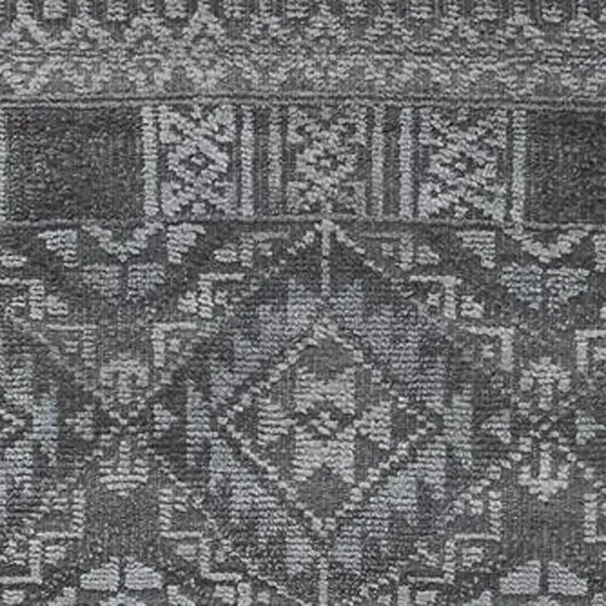 10' Gray And Ivory Geometric Hand Knotted Runner Rug With Fringe Photo 7