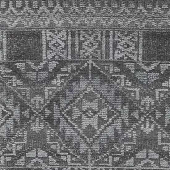 10' Gray And Ivory Geometric Hand Knotted Runner Rug With Fringe Photo 5