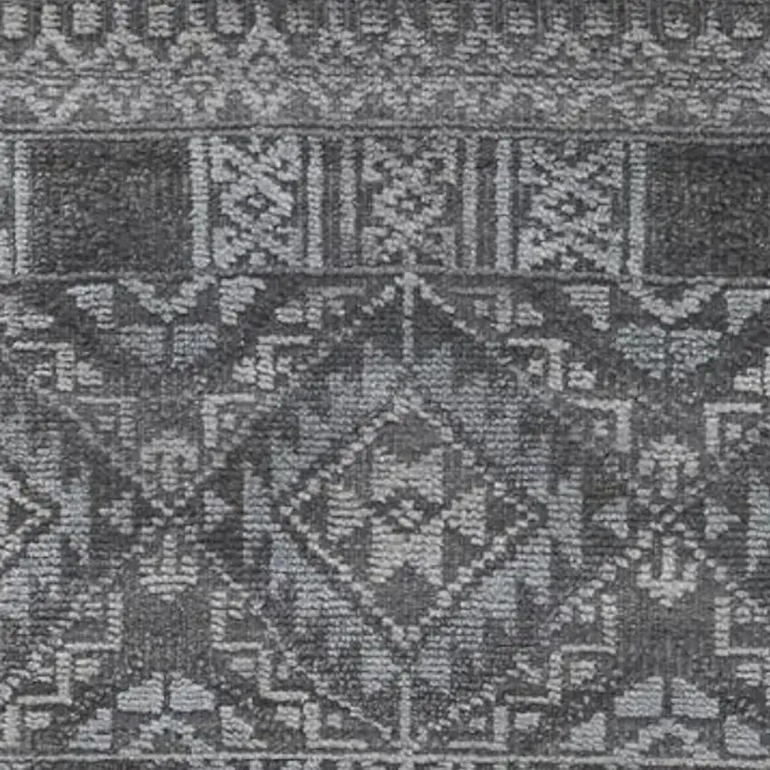 10' Gray And Ivory Geometric Hand Knotted Runner Rug With Fringe Photo 5