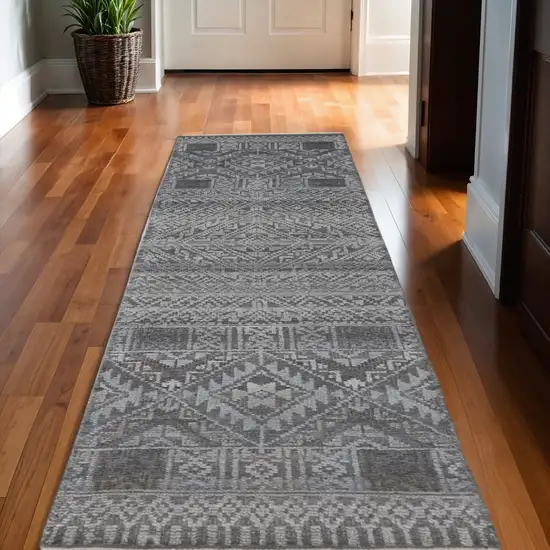 10' Gray And Ivory Geometric Hand Knotted Runner Rug With Fringe Photo 1