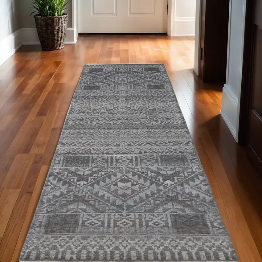 10' Gray And Ivory Geometric Hand Knotted Runner Rug With Fringe Photo 1