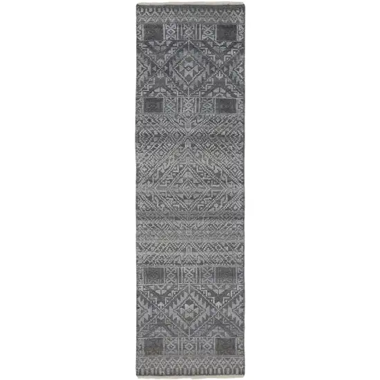 10' Gray And Ivory Geometric Hand Knotted Runner Rug With Fringe Photo 2