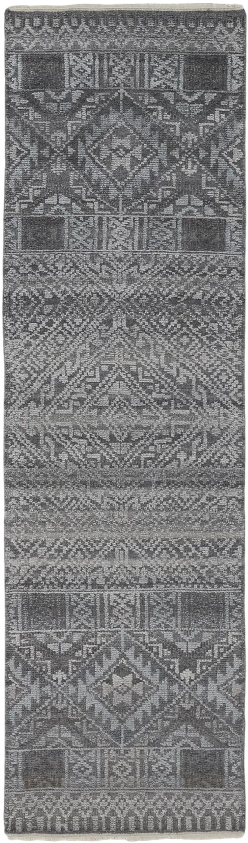 10' Gray And Ivory Geometric Hand Knotted Runner Rug With Fringe Photo 2