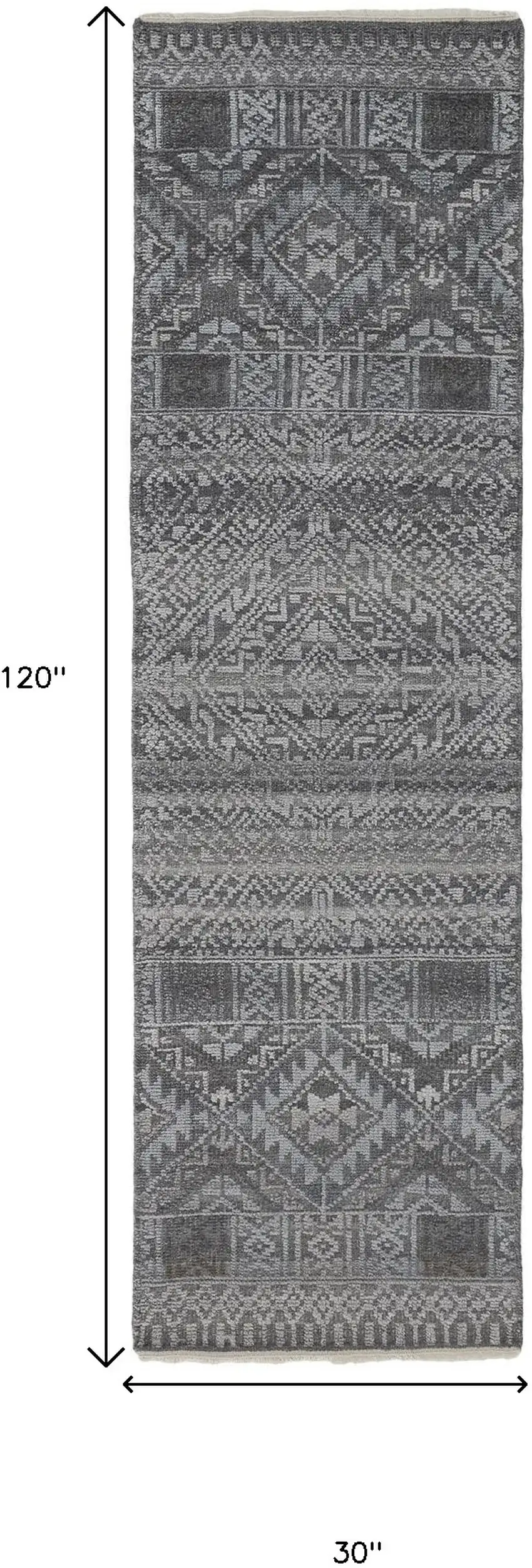 10' Gray Ivory and Blue Geometric Hand Knotted Runner Rug With Fringe Photo 3