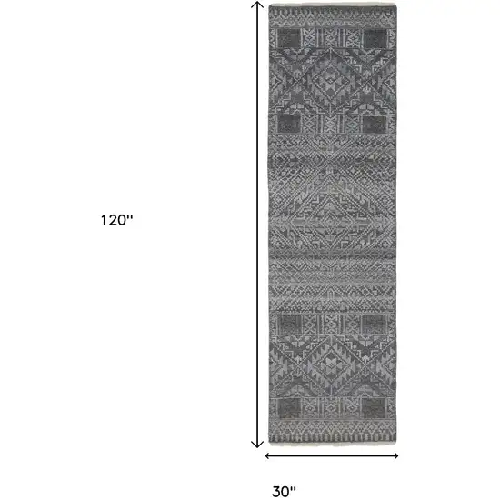 10' Gray And Ivory Geometric Hand Knotted Runner Rug With Fringe Photo 3