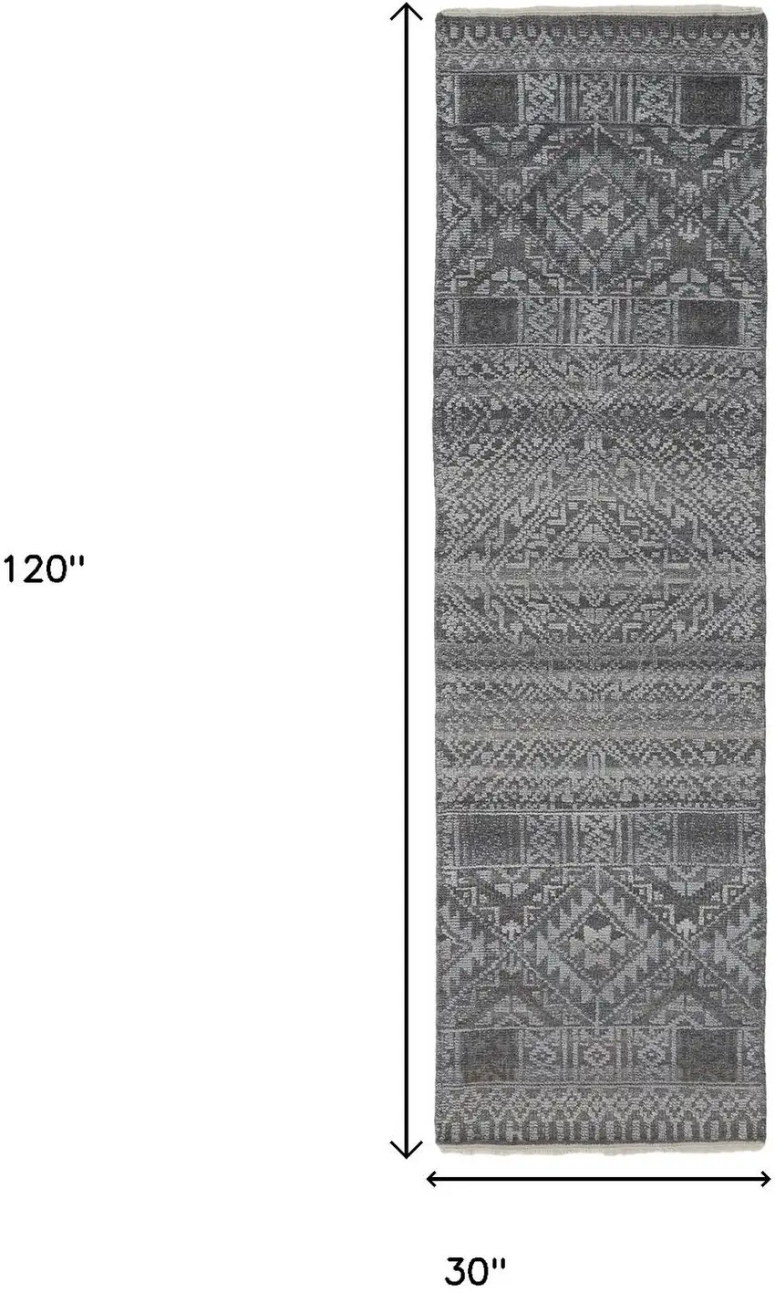 10' Gray And Ivory Geometric Hand Knotted Runner Rug With Fringe Photo 3