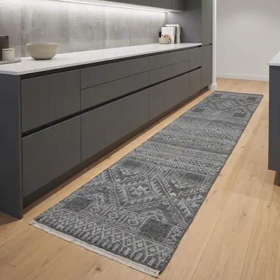 8' Gray And Ivory Geometric Hand Knotted Runner Rug With Fringe Photo 1