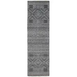 Photo of 8' Gray Ivory and Blue Geometric Hand Knotted Runner Rug With Fringe