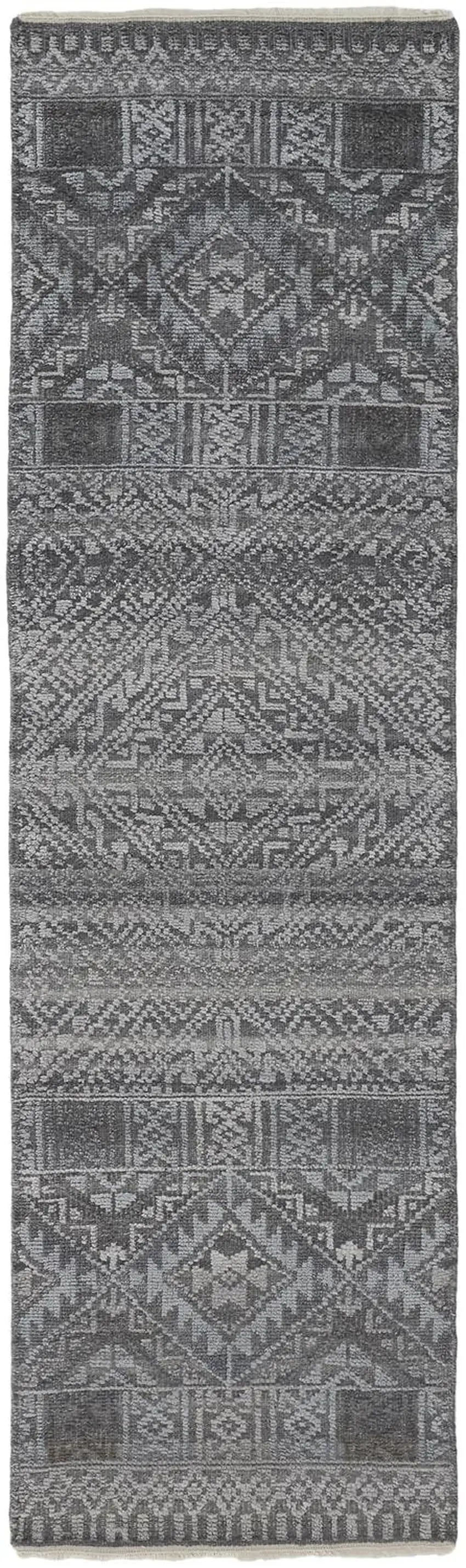 8' Gray Ivory and Blue Geometric Hand Knotted Runner Rug With Fringe Photo 2