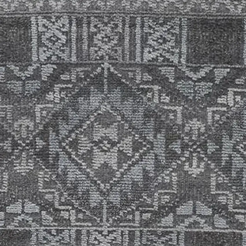 8' Gray Ivory and Blue Geometric Hand Knotted Runner Rug With Fringe Photo 5