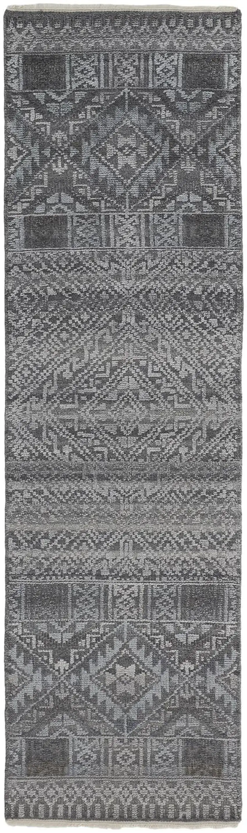 8' Gray Ivory and Blue Geometric Hand Knotted Runner Rug With Fringe Photo 4