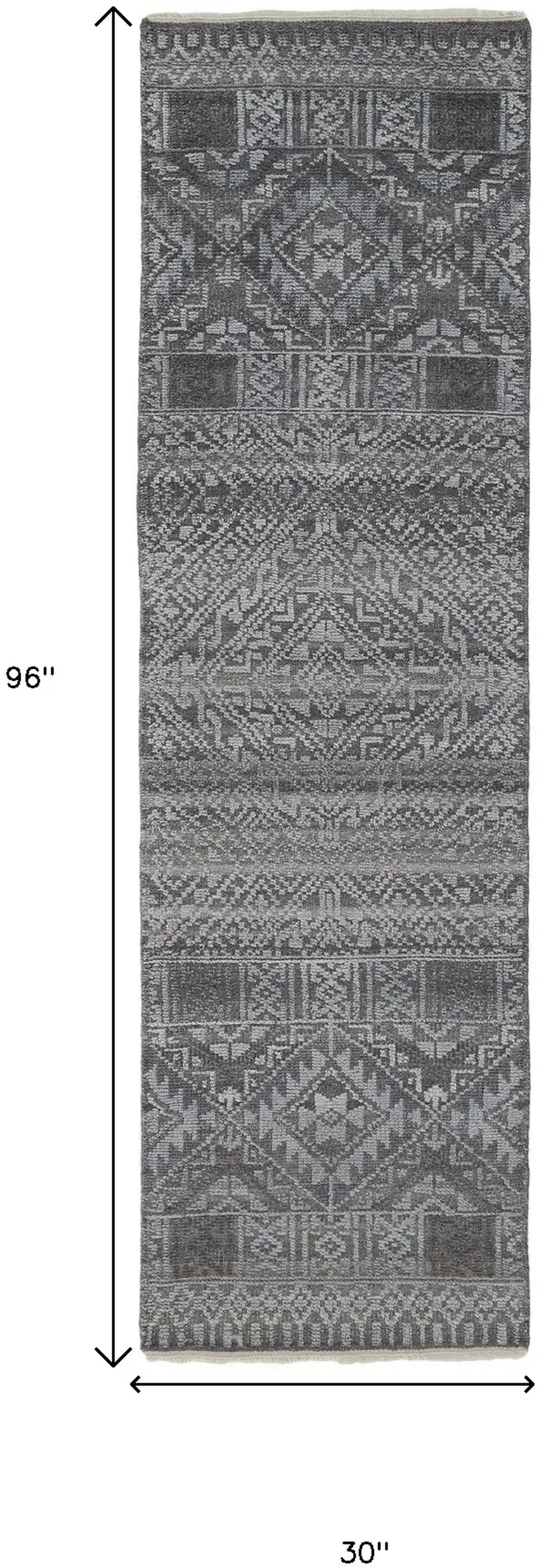 8' Gray Ivory and Blue Geometric Hand Knotted Runner Rug With Fringe Photo 3