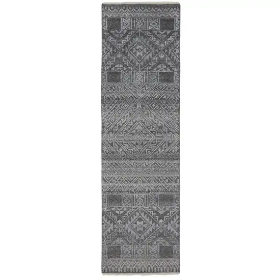 8' Gray And Ivory Geometric Hand Knotted Runner Rug With Fringe Photo 2