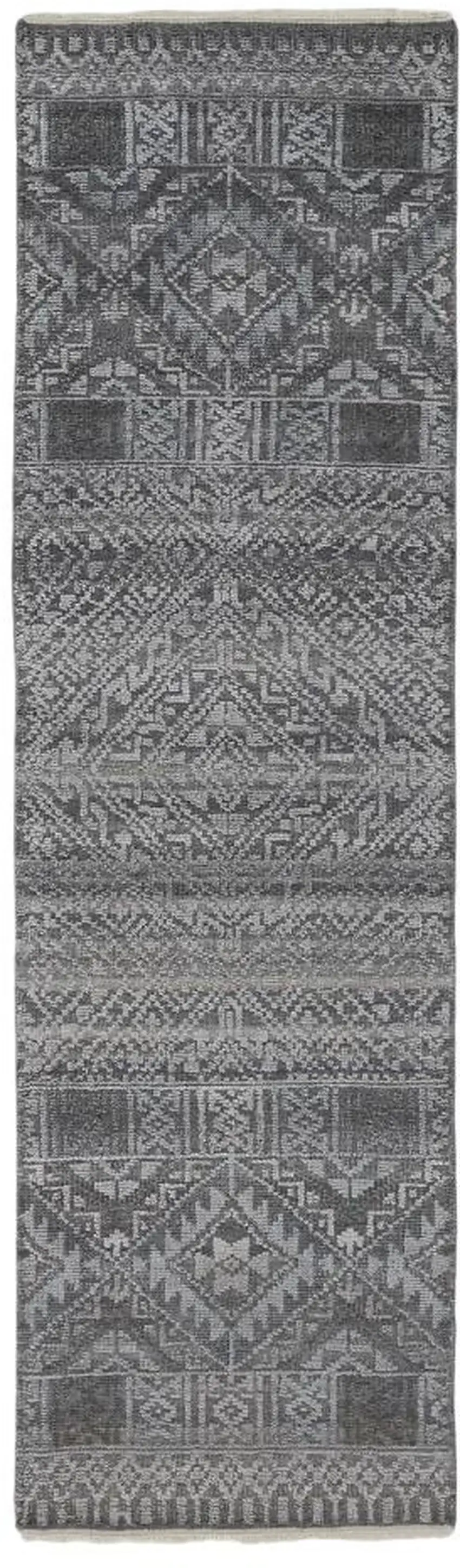 8' Gray And Ivory Geometric Hand Knotted Runner Rug With Fringe Photo 2