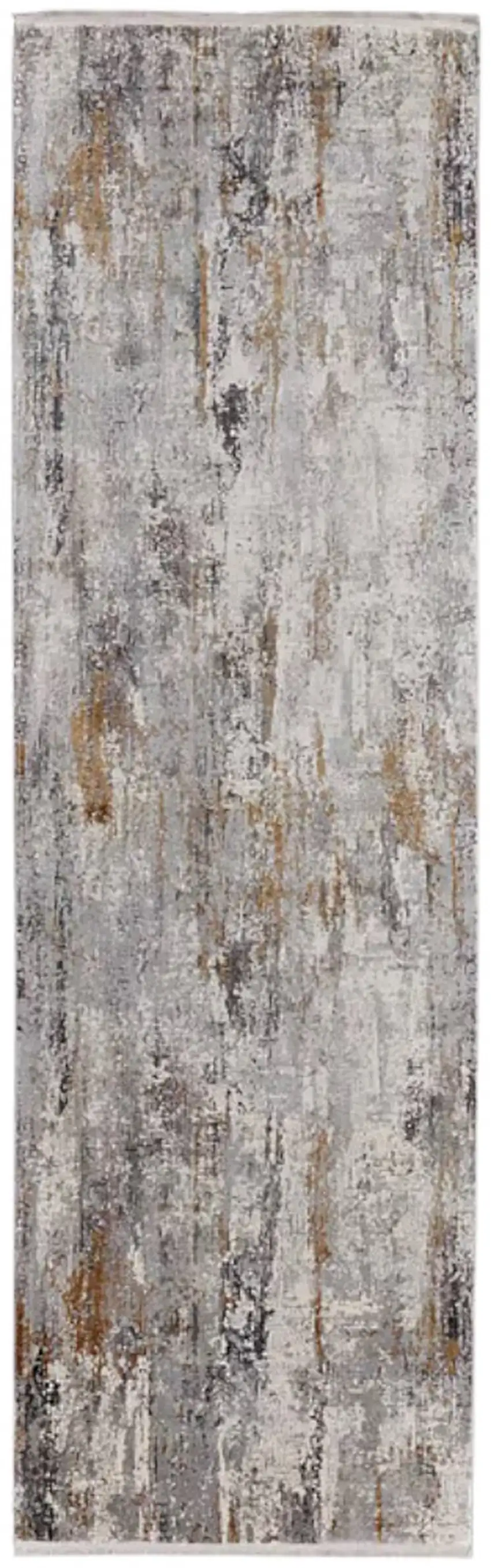 10' Gray Ivory and Gold Abstract Power Loom Runner Rug With Fringe Photo 1