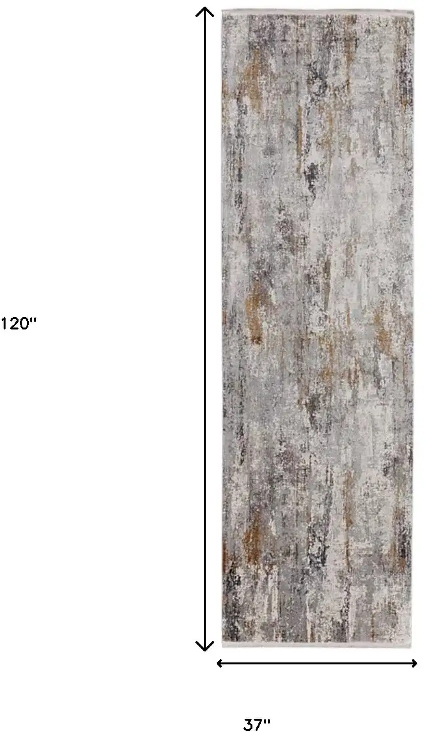 10' Gray Ivory and Gold Abstract Power Loom Runner Rug With Fringe Photo 9