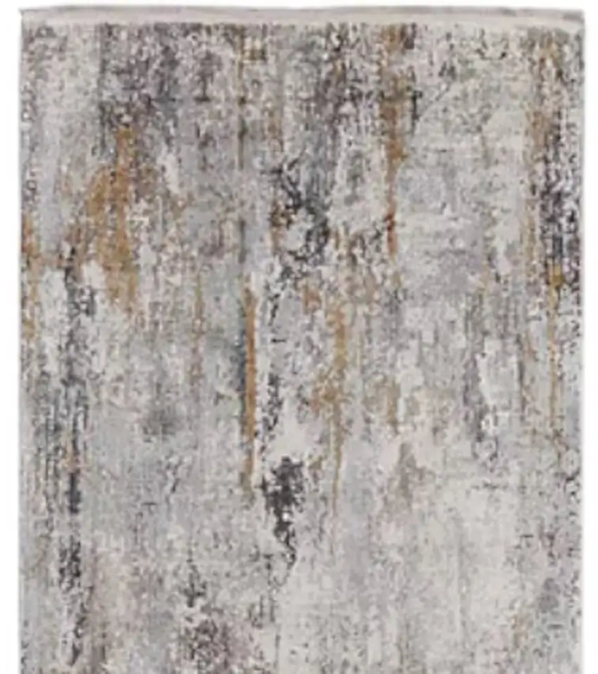 10' Gray Ivory and Gold Abstract Power Loom Runner Rug With Fringe Photo 5