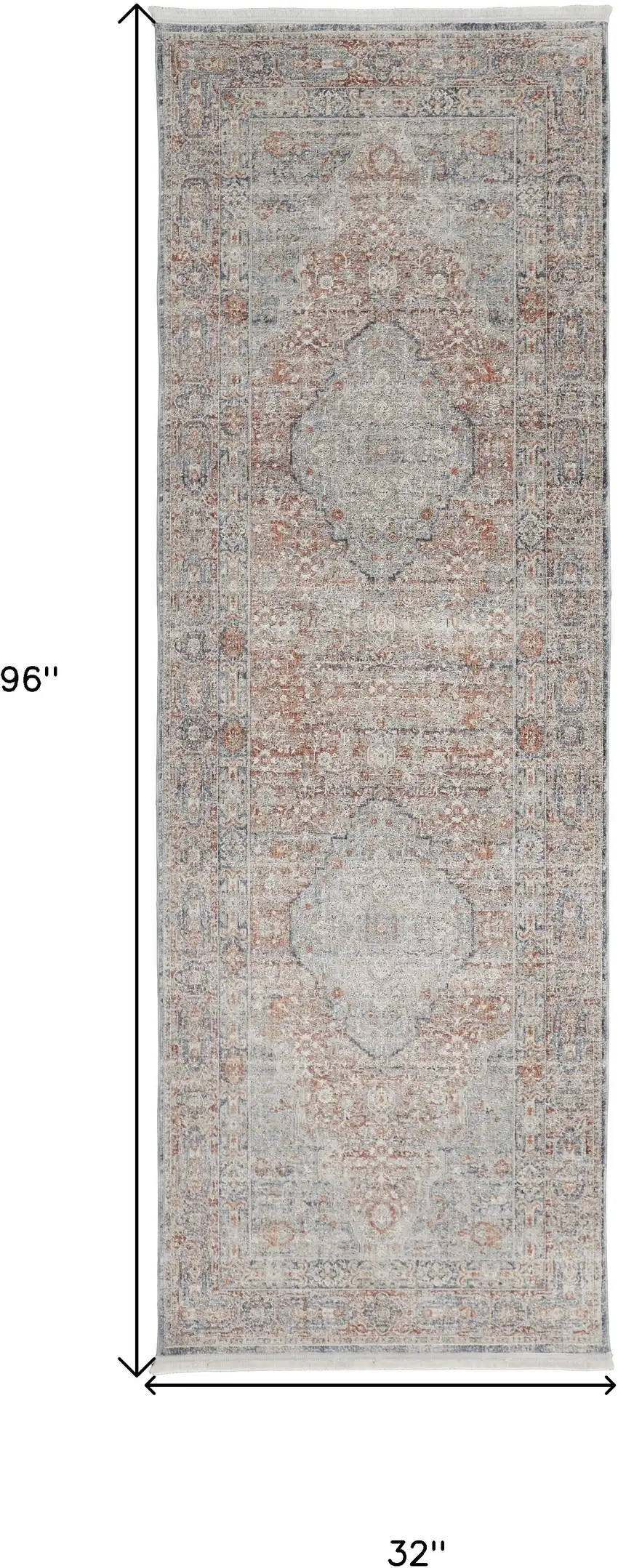 8' Gray Ivory and Orange Oriental Power Loom Worn Faded Runner Rug With Fringe Photo 3