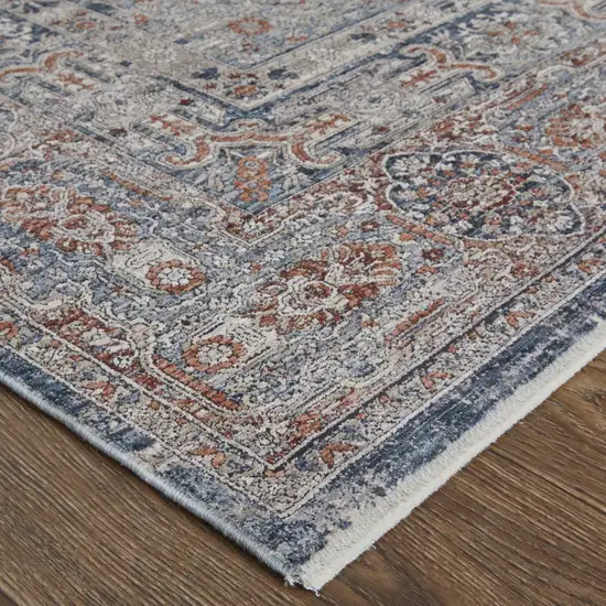 12' Gray Ivory and Orange Oriental Power Loom Worn Faded Runner Rug With Fringe Photo 4