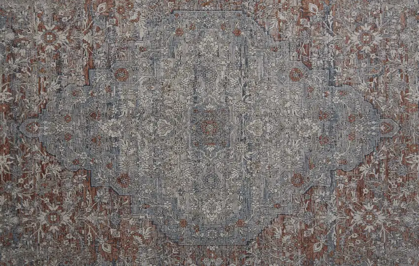 12' Gray Ivory and Orange Oriental Power Loom Worn Faded Runner Rug With Fringe Photo 7