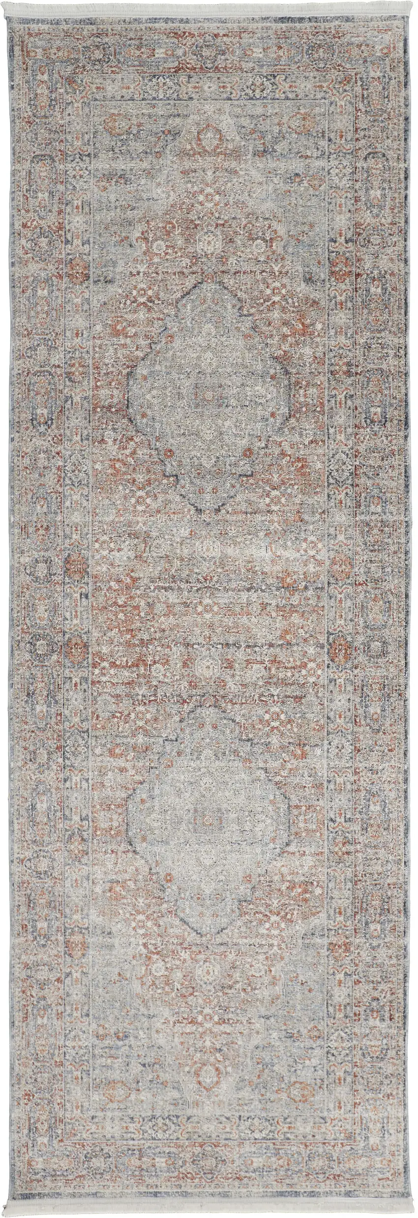 12' Gray Ivory and Orange Oriental Power Loom Worn Faded Runner Rug With Fringe Photo 2
