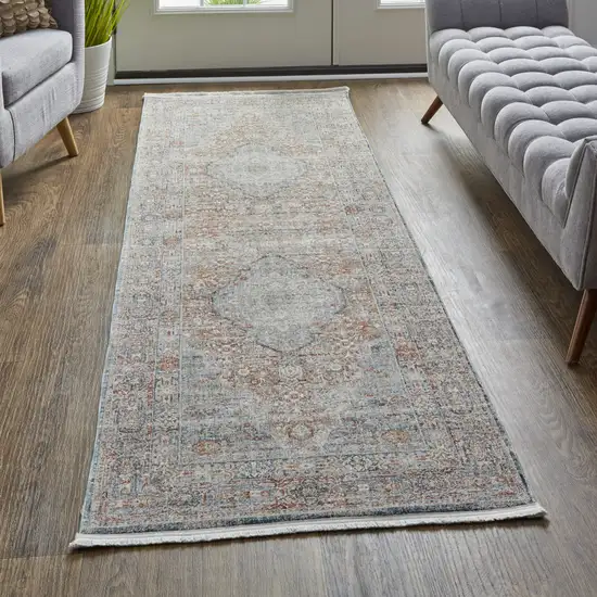12' Gray Ivory and Orange Oriental Power Loom Worn Faded Runner Rug With Fringe Photo 6