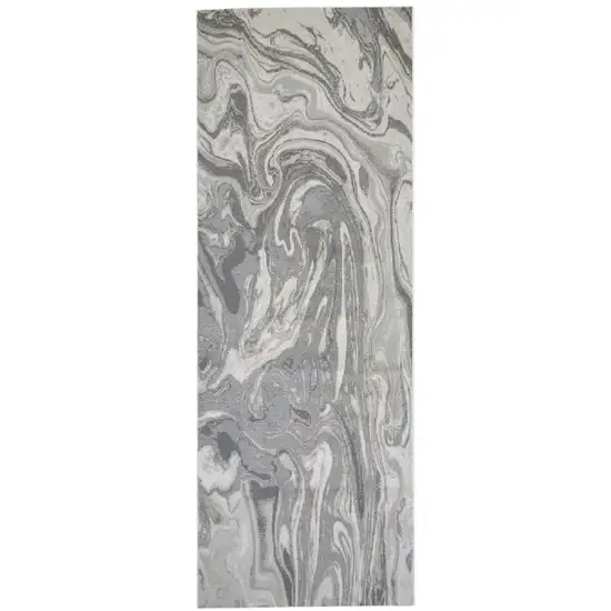 8' Gray Ivory and Silver Abstract Power Loom Distressed Runner Rug Photo 1