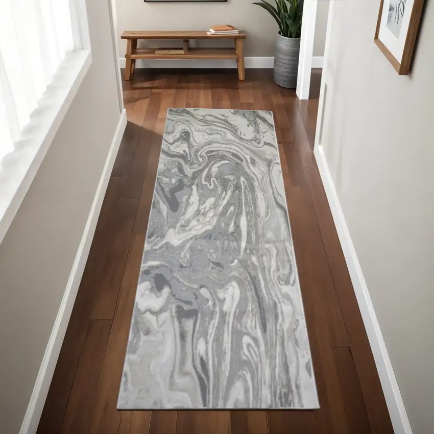 8' Gray Ivory and Silver Abstract Power Loom Distressed Runner Rug Photo 2