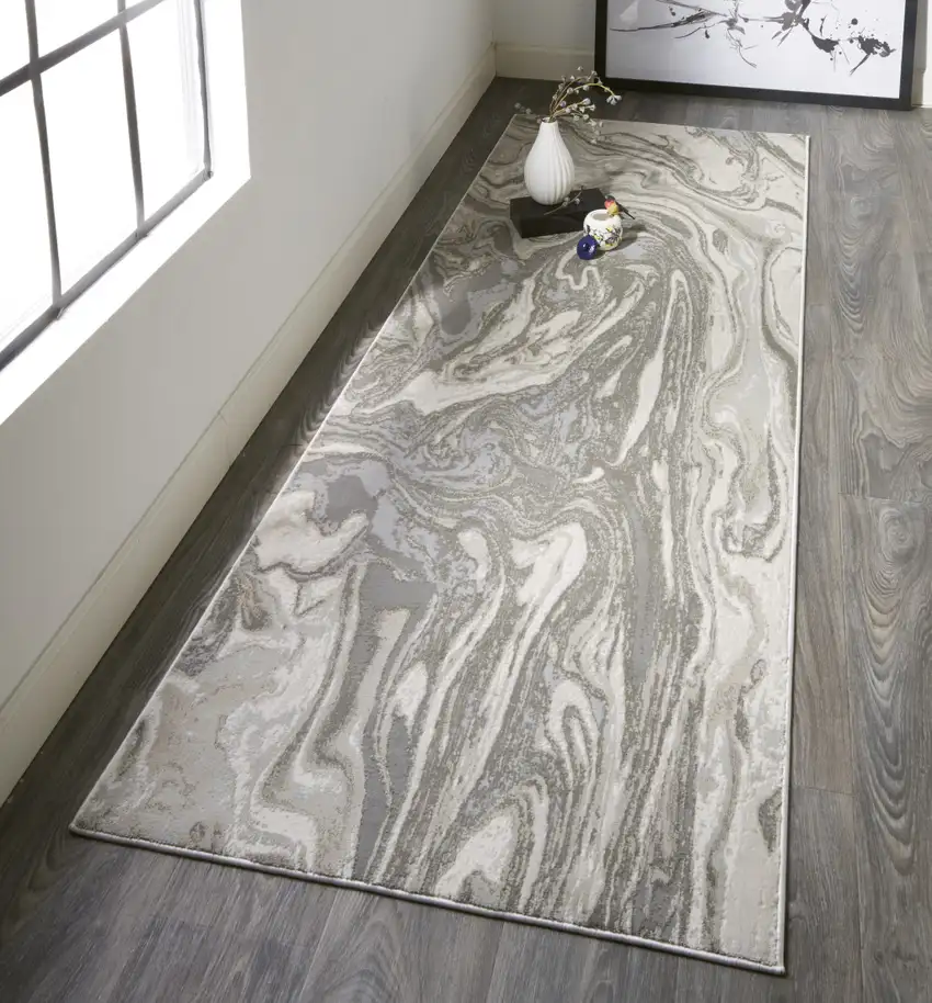 8' Gray Ivory and Silver Abstract Power Loom Distressed Runner Rug Photo 6