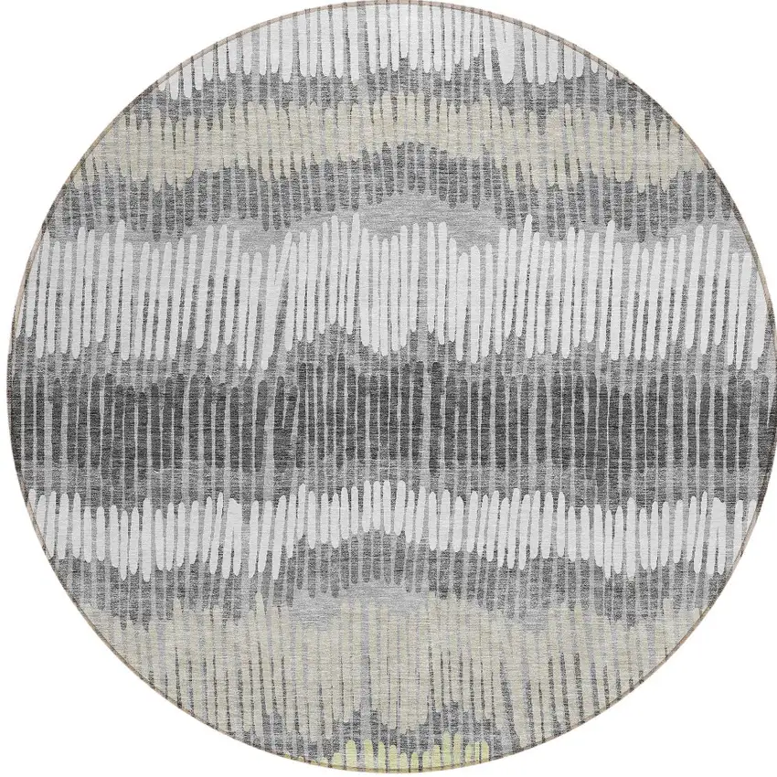 8' Gray Light Green And Ivory Round Striped Washable Indoor Outdoor Area Rug Photo 6