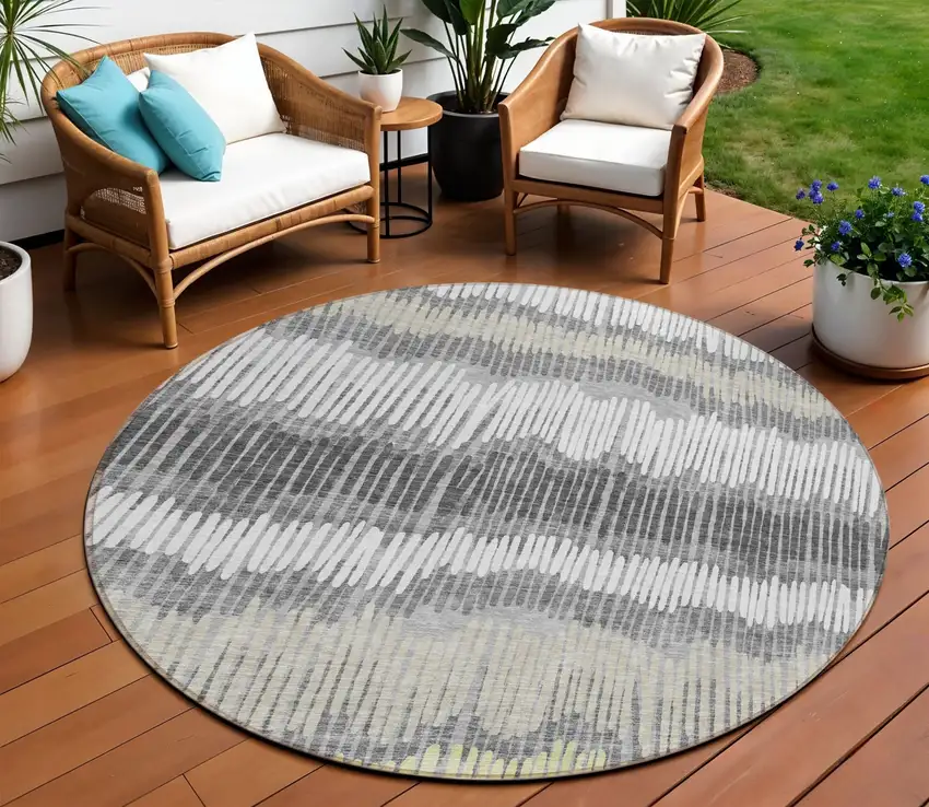 8' Gray Light Green And Ivory Round Striped Washable Indoor Outdoor Area Rug Photo 1